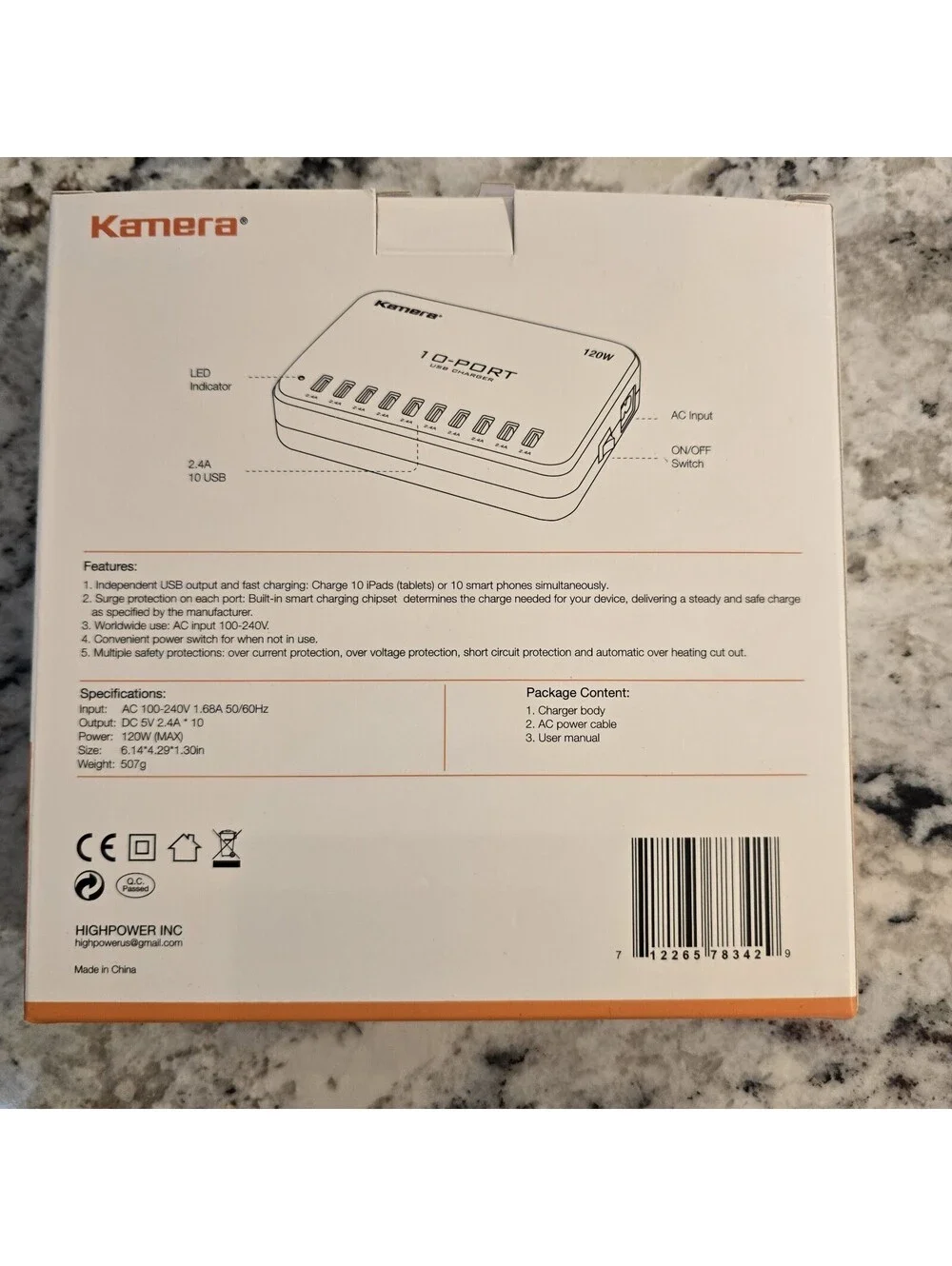 120W 10-Port USB Charging Hub for Tablets, Smart phones, accessories, etc.